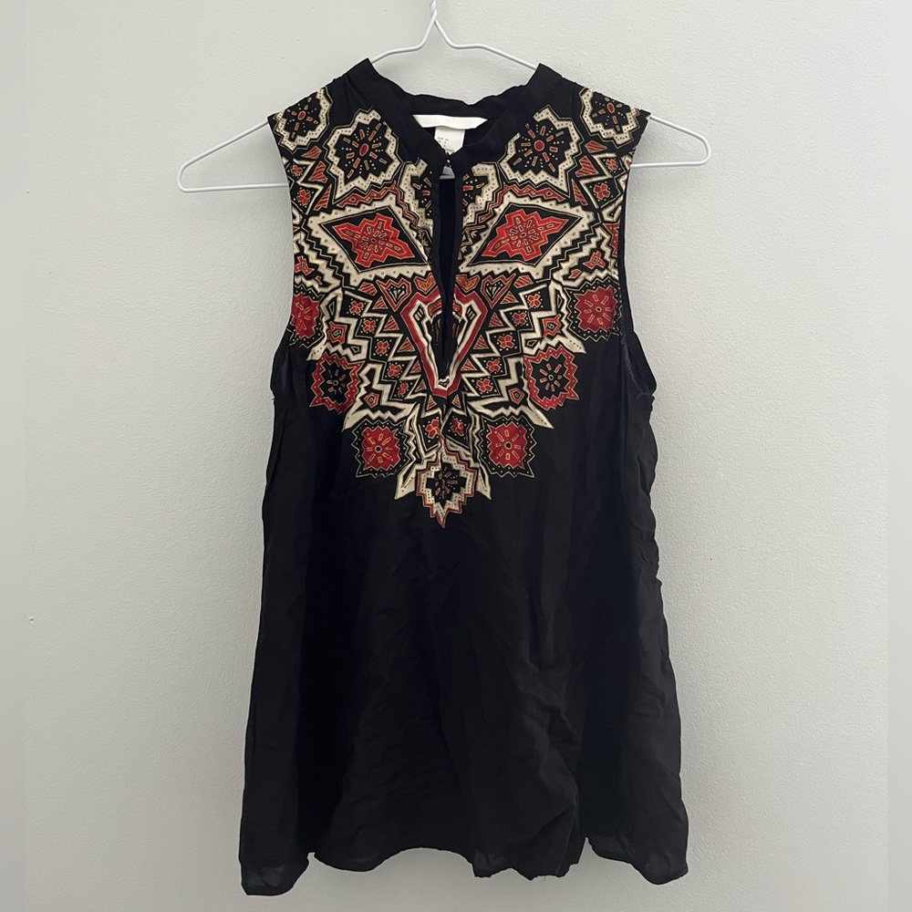 Black Sleeveless Top with Red and Cream Embroidery